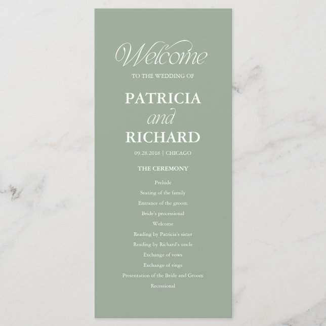 Sage Minimalist Wedding Order of Service Program (Front)