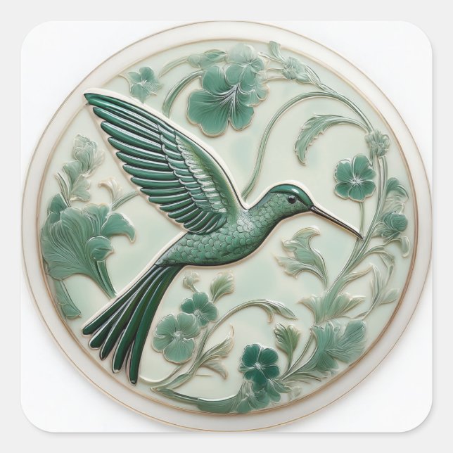 Sage & mint faux relief Art Nouveau Hummingbird R Square Sticker (Front)