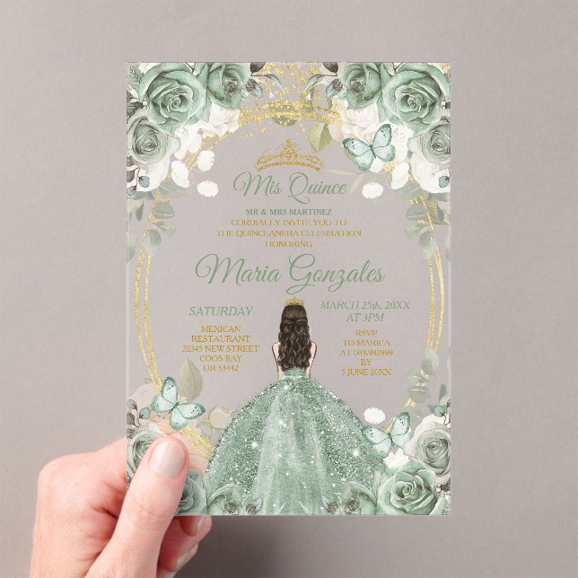 Sage Mis Quince Dusty Green Floral Quinceañera Acrylic Invitations (Insitu (Handheld))