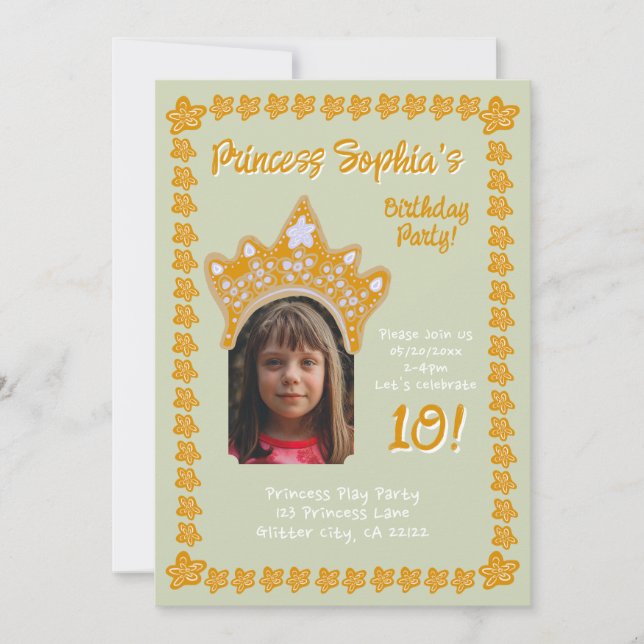 Sage Mist Princess Crown Floral Photo Birthday Invitation (Front)