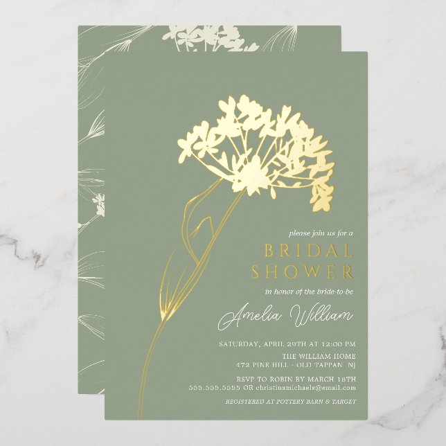 Sage Modern Floral Bridal Shower Foil Invitation (Front/Back)