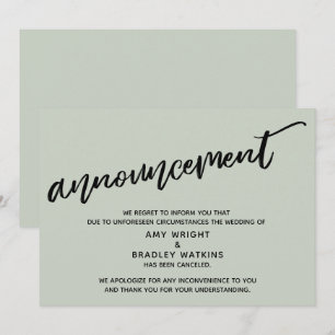 Sage Modern Handwriting Cancelled Wedding Card