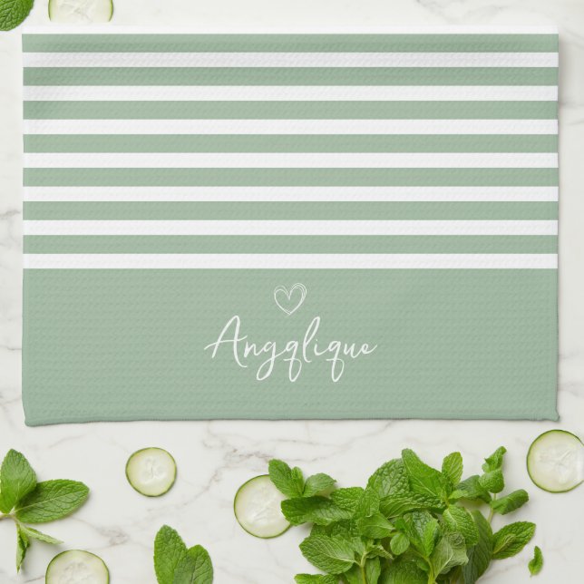 Sage Modern Heart and Stripes Monongram    Tea Towel (Folded)