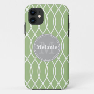 Sage Modern Lattice Pattern Grey Monogram iPhone 11 Case