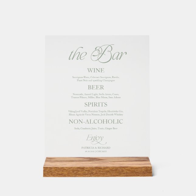 Sage Modern Minimalist The Bar Wedding Menu Sign (Front)