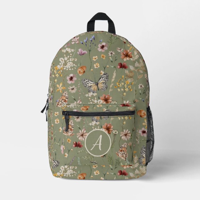 Sage Monogram Boho Butterflies Wildflowers Printed Backpack (Front)