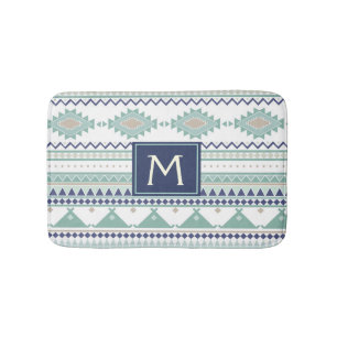 Sage & Navy Blue Monogram Native American Pattern Bath Mat