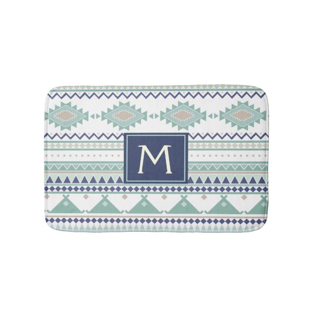 Sage & Navy Blue Monogram Native American Pattern Bath Mat (Front)