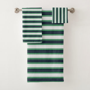 Sage, Navy & White Classic Vertical Stripes Bath Towel Set