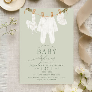 Sage Neutral Boho Clothes Line Baby Shower Invitation