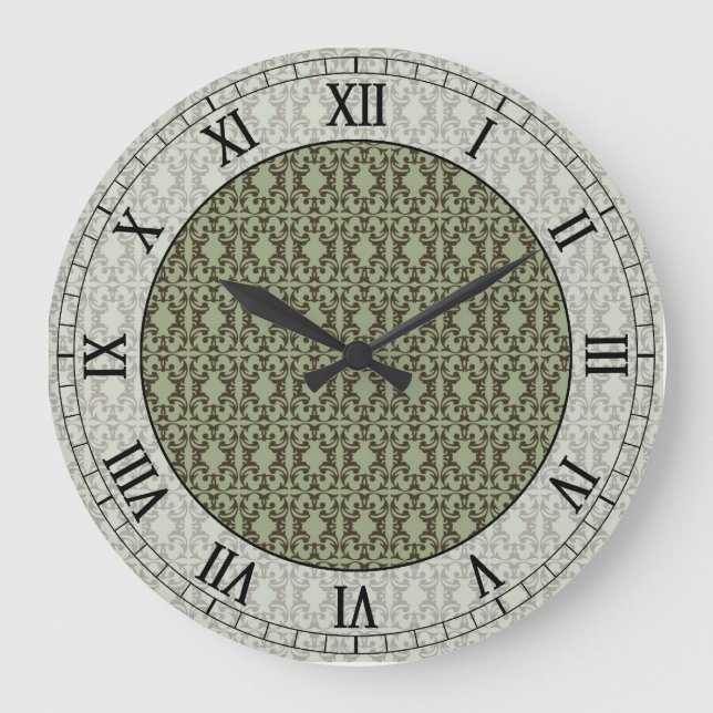 sage olive green and brown damask roman numerals large clock (Front)
