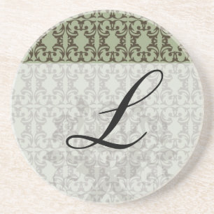 sage olive green and brown ornate damask pattern coaster