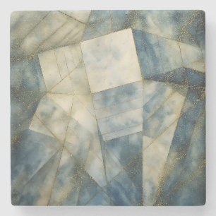 Sage Olive Green Gold Geometric Abstract Natural Stone Coaster