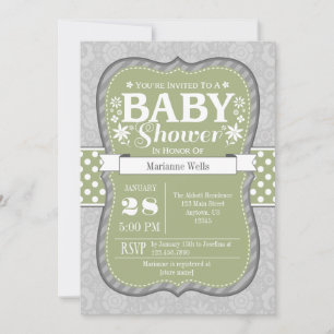 Sage Olive Green Grey Floral Baby Shower Invite