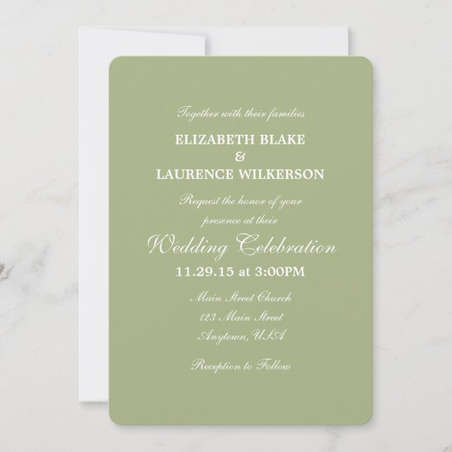 Sage Olive Green Plain Simple Wedding Invitation (Front)