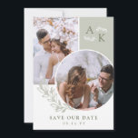 Sage & Olive Greenery Overlapping Photos Save The Date<br><div class="desc">Double sided save the date card in white,  sage green,  and olive green with your initials,  overlapping photos,  and greenery with clean elegant fonts. Photo save the date card with a modern design personalised with your monogram and photos,  two on one side and one on the other.</div>