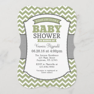 Sage Olive Grey Chevron Baby Shower Invitation