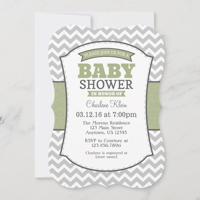 Sage Olive Grey Chevron Baby Shower Invitation (Front)