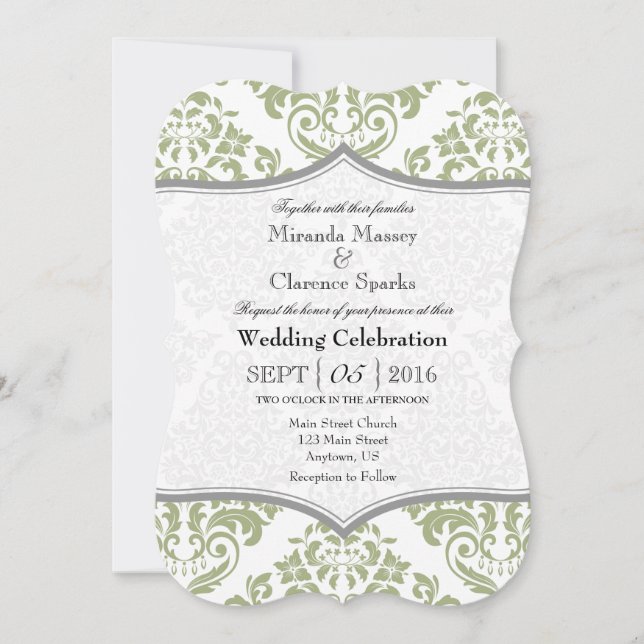 Sage Olive Grey Damask Bracket Wedding Invite (Front)