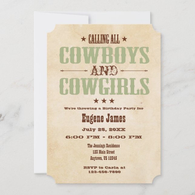 Sage Olive Vintage Cowboy Birthday Invitation (Front)