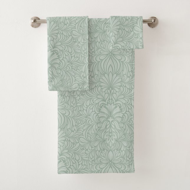Sage on Sage Art Nouveau Floral Seamless Bath Towel Set (Insitu)