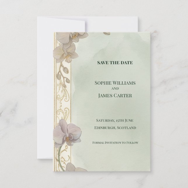 Sage Orchid Floral Save The Date Card (Front)