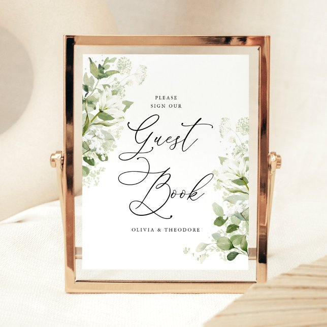 Sage Organic Greenery Guest Book Wedding Table Pedestal Sign (Sage green guest book wedding sign with organic greenery watercolor botanical florals displayed)