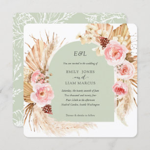 Sage Pampas Grass Boho Floral Square wedding Invitation