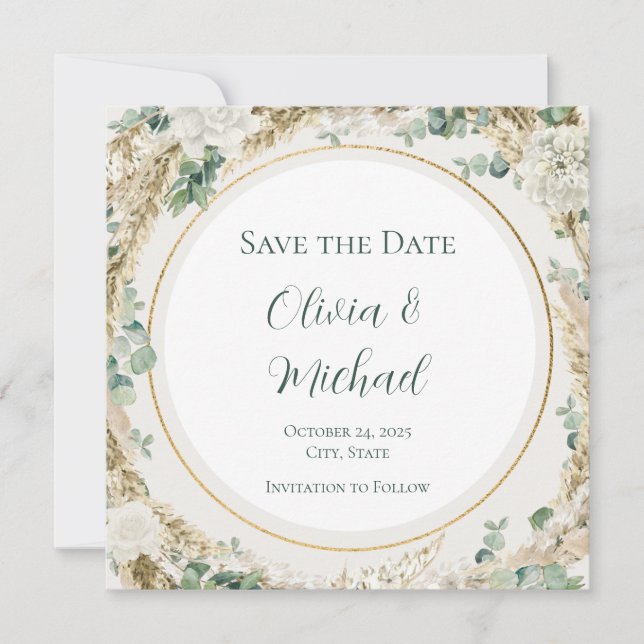 Sage Pampas Grass Save the Date | Customisable (Front)