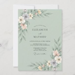 Sage Pastel Watercolor Floral Wedding Invitation