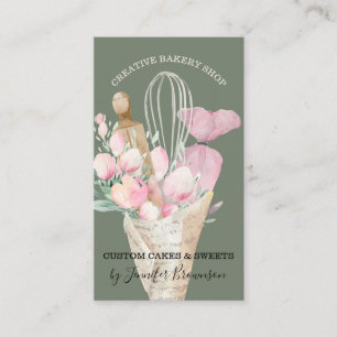 Sage Pastry Chef Pink Flowers Boho Baker Business Card