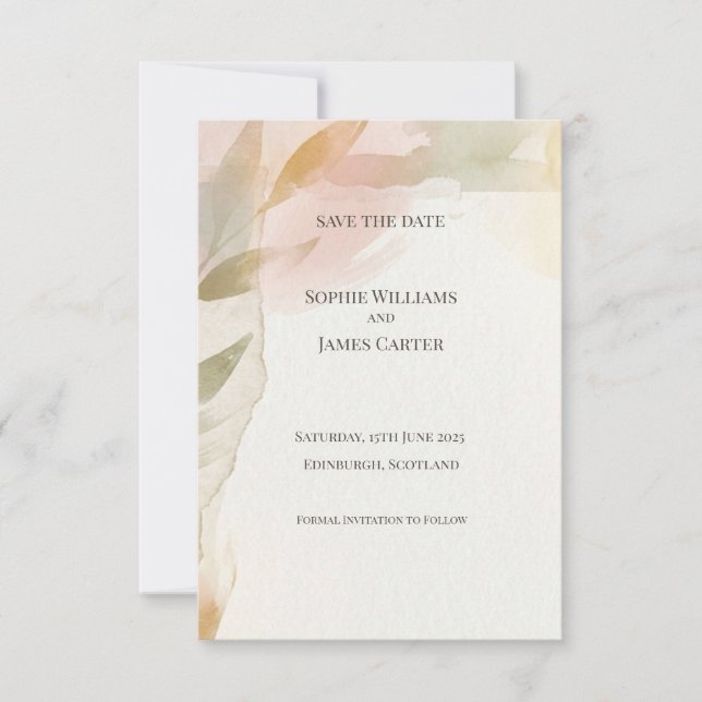 Sage Peach Botanical Save the Date Card (Front)