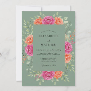 Sage Peach Pink Watercolor Floral Wedding Invitation