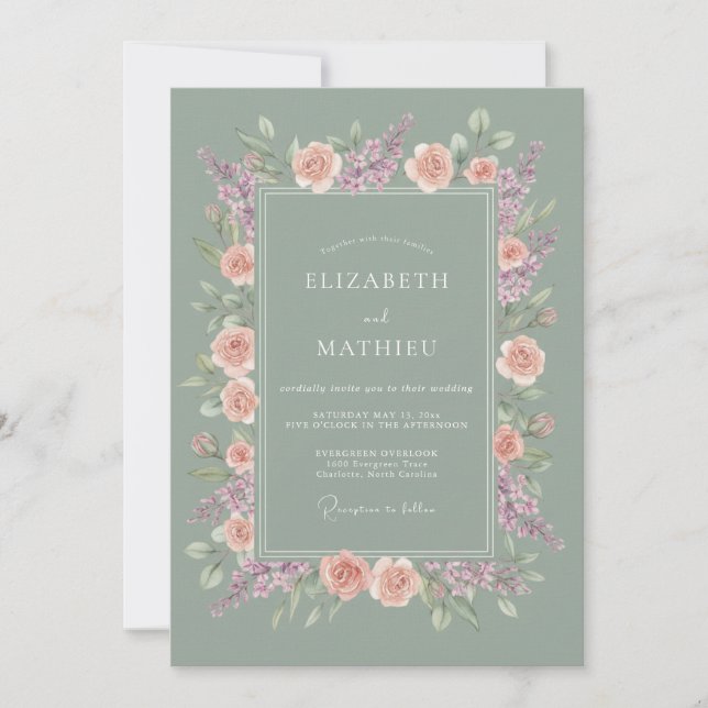 Sage Peach Romantic Floral Wedding Invitation (Front)