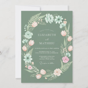 Sage Peach Watercolor Floral Wedding Invitation