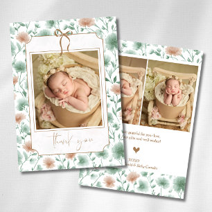 Sage Peach Wildflowers Gold Bow Baby Photo Announcement