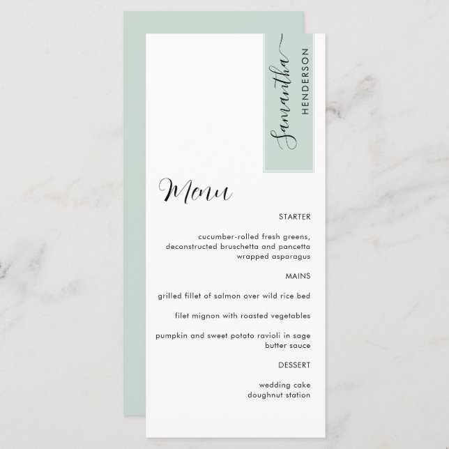 Sage Personalised with Guest Name Elegant Menu (Front/Back)