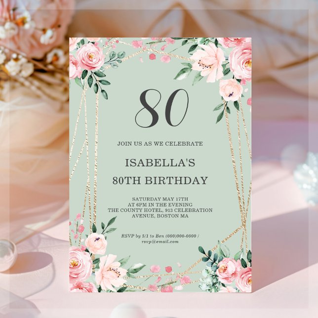 Sage | Pink Blush Floral 80th Birthday Invitation (Creator Uploaded)