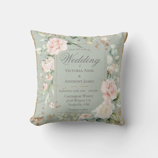 Sage Pink Blush Romantic Floral Wedding Invitation Cushion (Front)