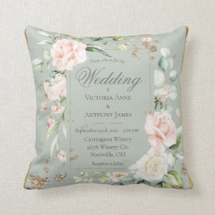 Sage Pink Blush Romantic Floral Wedding Invitation Cushion