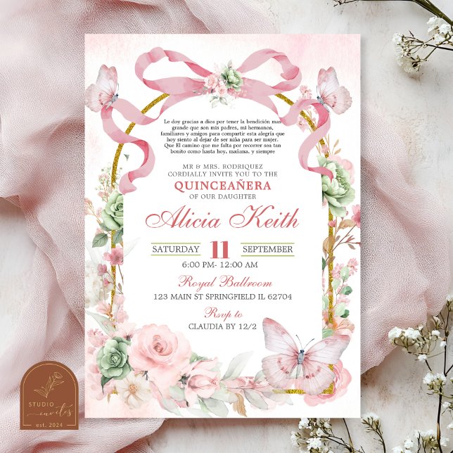 Sage Pink Bow Coquette Butterfly Invitation (Creator Uploaded)