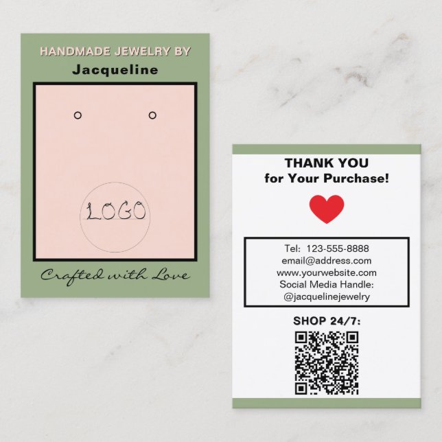 Sage Pink Earrings Logo Website QR Code Business Card (Front/Back)