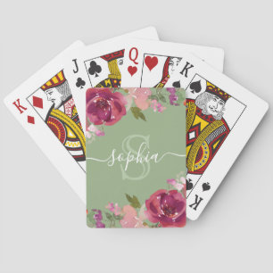 Sage Pink Floral Monogrammed Script Name Playing Cards