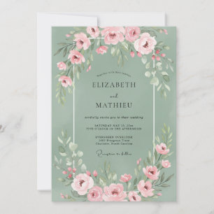 Sage Pink Floral Wedding Invitation