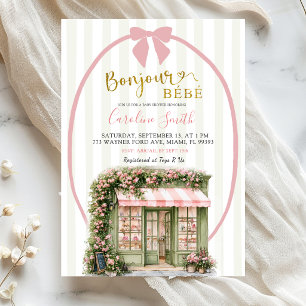 Sage Pink Stripe Parisian Cafe Baby Shower Invitation