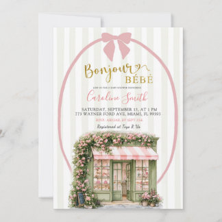 Sage Pink Stripe Parisian Cafe Baby Shower Invitation
