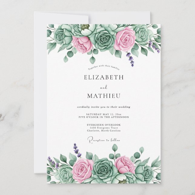 Sage Pink Succulent Bloom Wedding Invitation (Front)