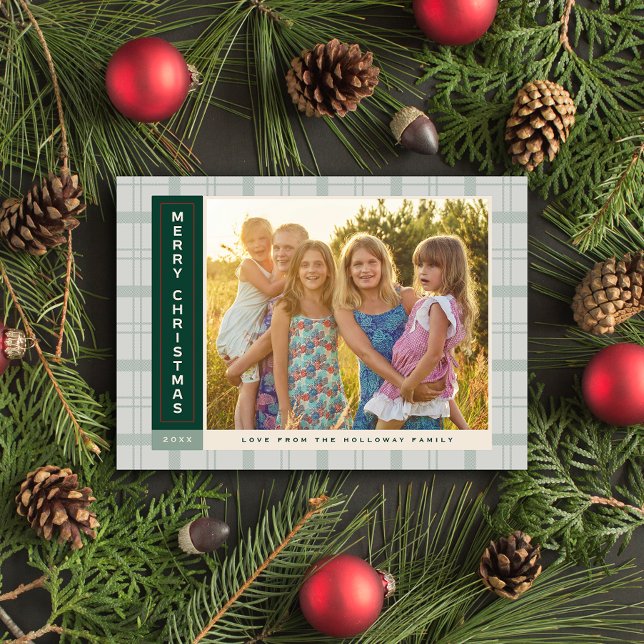 Sage Plaid Sidebar Holiday Card (Sage Green Plaid Sidebar Photo Holiday Card)