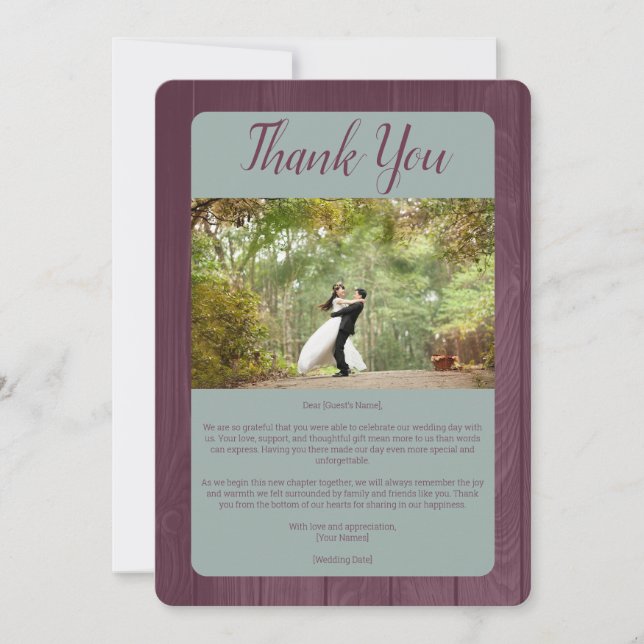 Sage Plum Rustic Horseshoe Photo Wedding Thank You Card (Front)