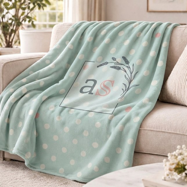 Sage Polka Dot Monogram Throw Elegant Wedding Gift Fleece Blanket (Creator Uploaded)